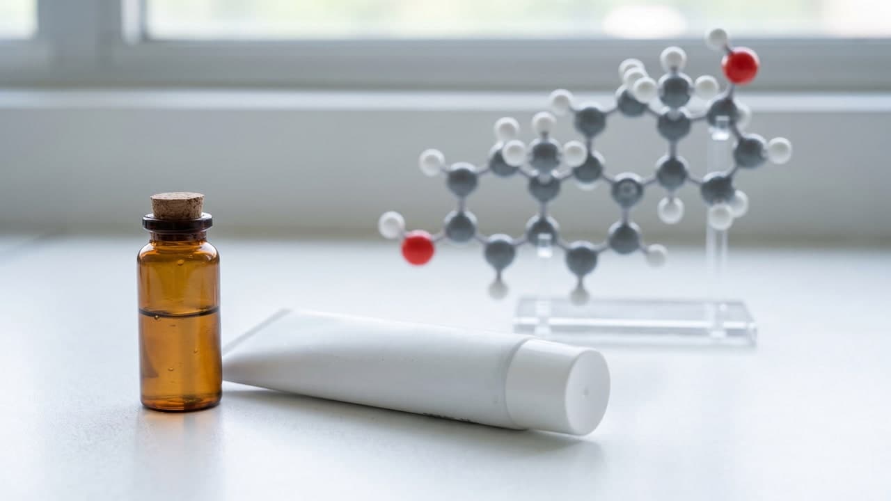 Tube de solution topique au clascotérone et modèle moléculaire 3D sur paillasse de laboratoire