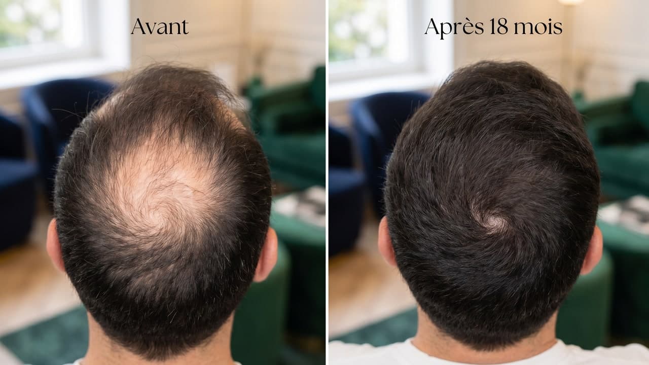 Comparaison avant et après 18 mois d'une greffe vertex chez un patient Norwood V à Renaissance Clinique Istanbul