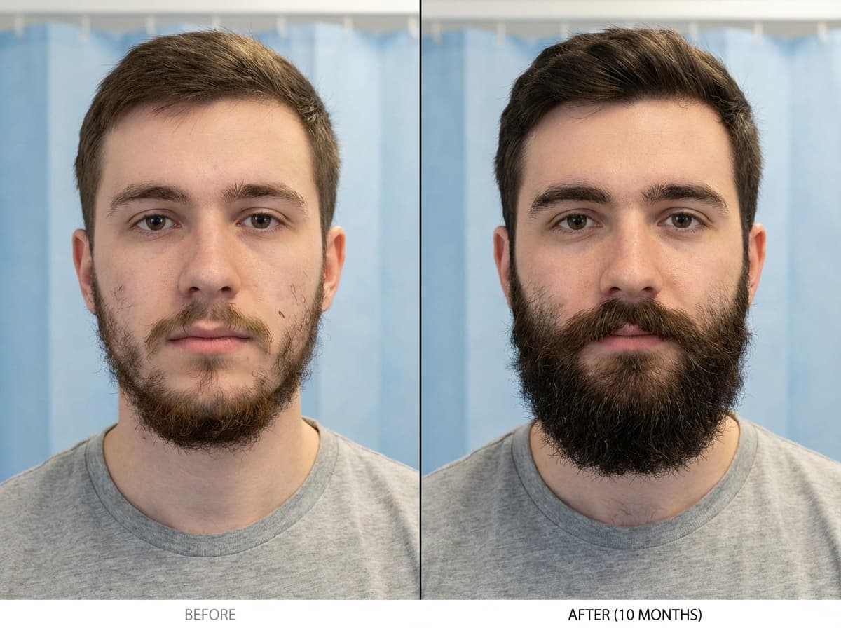 Résultats avant et après d'une greffe de barbe à Istanbul montrant la transformation progressive de J0 à M12 avec technique Choi Pen