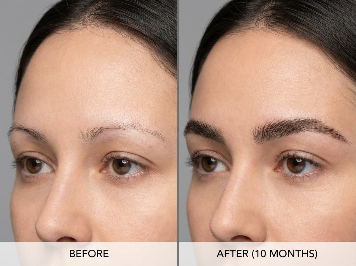 Résultats avant et après d'une greffe de sourcils à Istanbul montrant la reconstruction complète des sourcils clairsemés en 10 mois