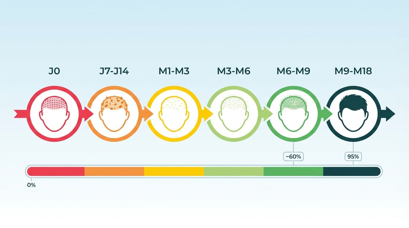 Infographie de la timeline complète des résultats de greffe de cheveux de J0 à M18 montrant les 6 phases : cicatrisation, shock loss, repousse, densification et résultat final
