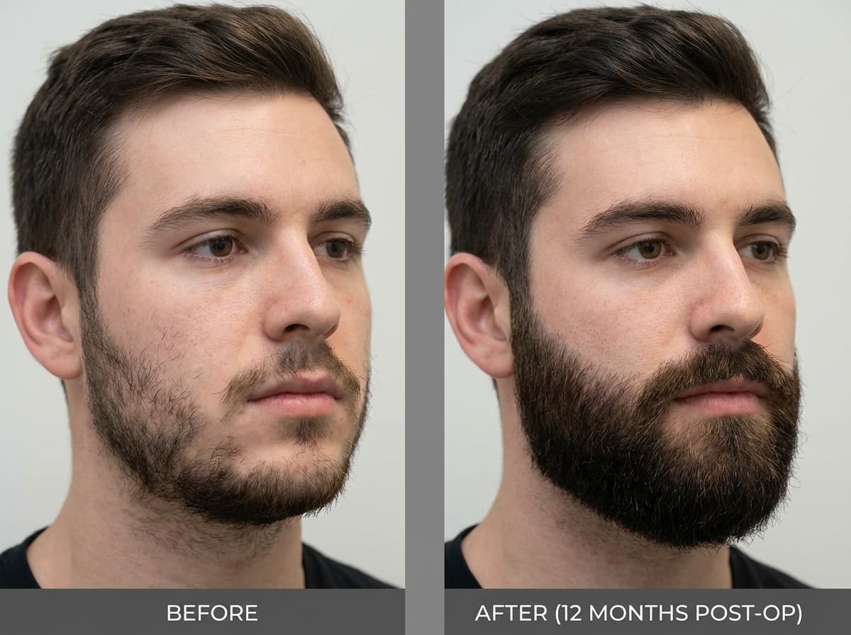 Avant/après greffe de barbe à Istanbul : résultat à 12 mois montrant la transformation d'une barbe clairsemée vers une barbe complète et dense