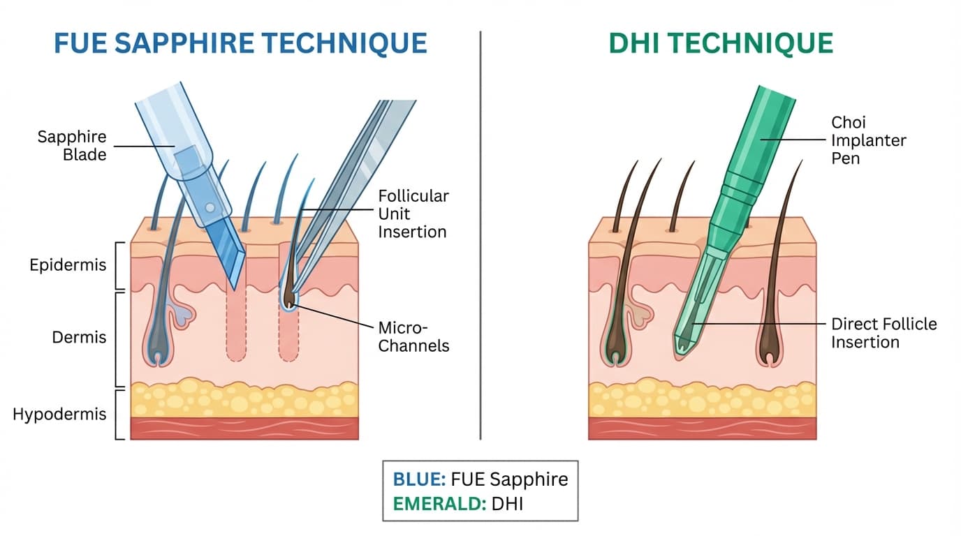 Comparaison visuelle des techniques FUE Saphir et Choi Pen pour la greffe de barbe : lame saphir vs stylo implanteur Choi, angles d'implantation et tailles d'incision
