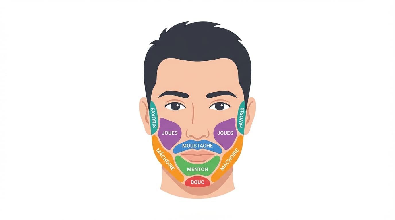 Infographie des zones de greffe de barbe avec nombre de greffons par zone : joues 800-1 500, moustache 300-700, menton et bouc 500-1 000, favoris 200-400, barbe complète 2 500-3 500