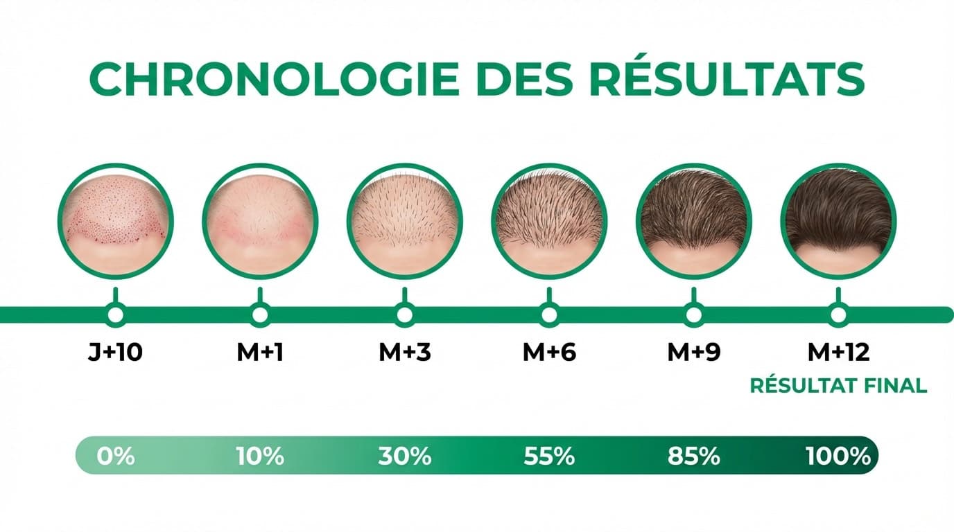 Chronologie des résultats de greffe de cheveux sur 12 mois : de J+10 croûtes tombées à M+12 résultat final dense et naturel