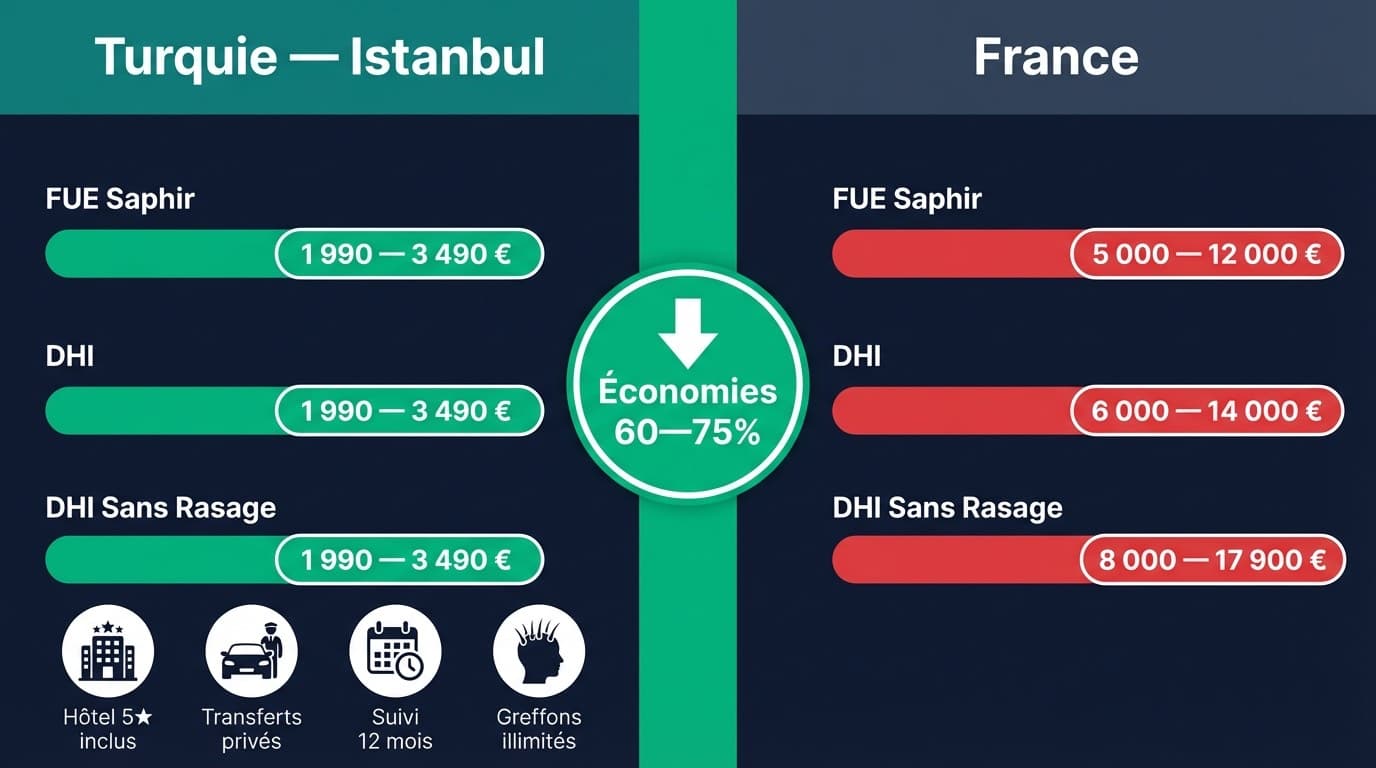 Comparaison prix greffe de cheveux Turquie vs France 2026 — tableau FUE Saphir Choi Pen