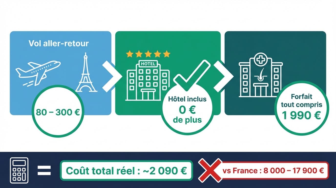 Coût total réel greffe de cheveux Istanbul : vol + hôtel + clinique tout compris