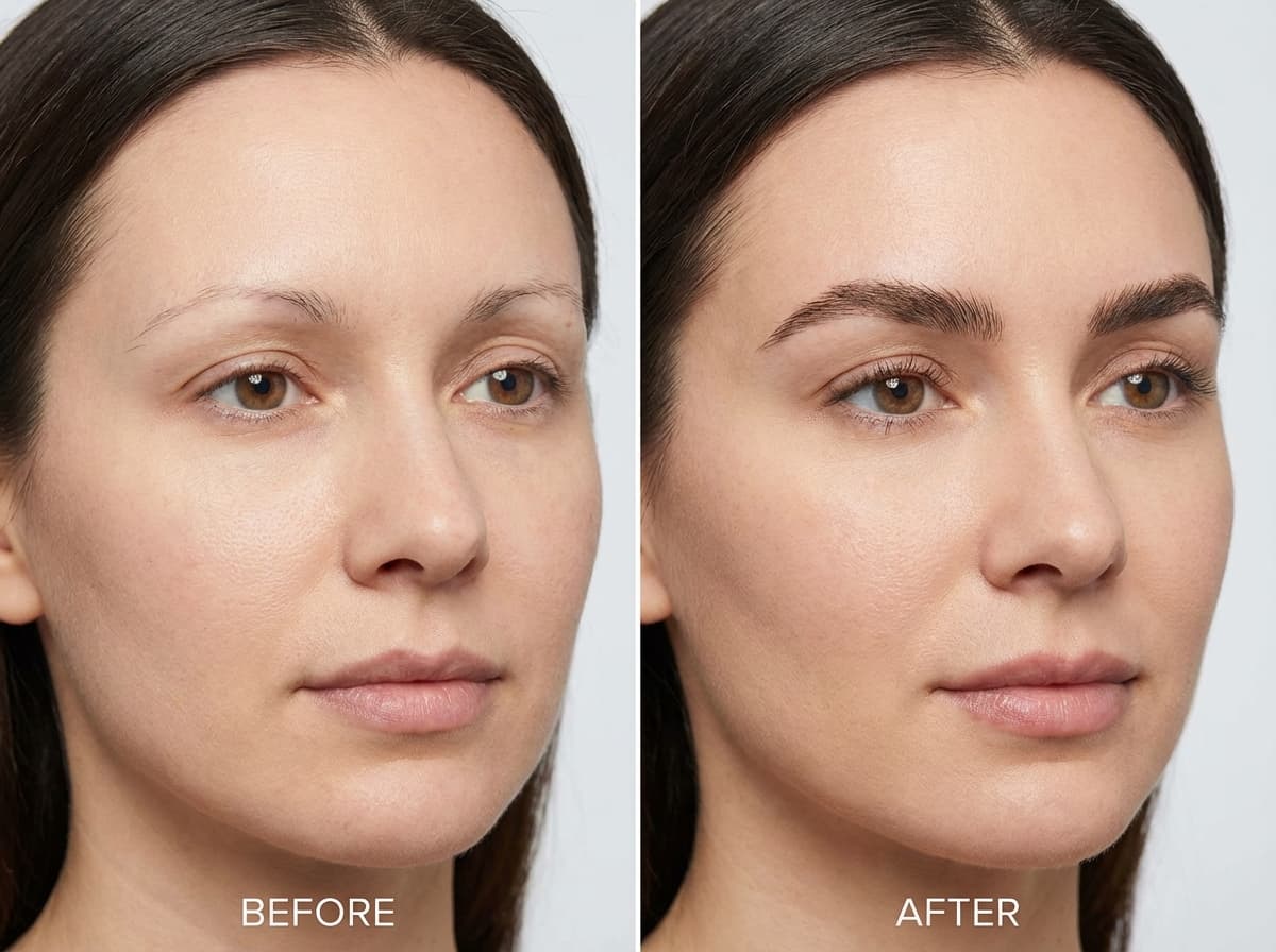 Avant/après greffe de sourcils Choi Pen à Istanbul : résultat à 12 mois montrant la transformation de sourcils clairsemés vers des sourcils fournis, naturels et parfaitement dessinés