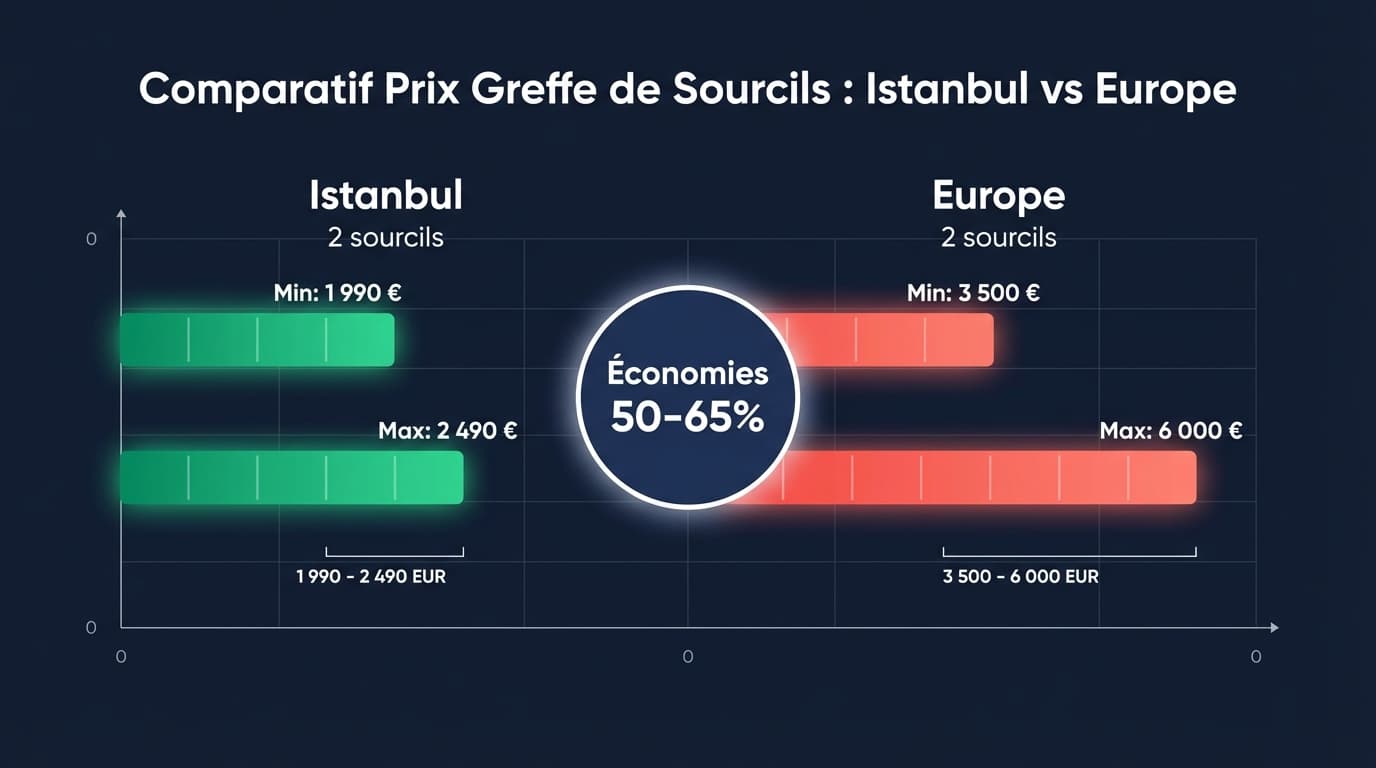Infographie comparative des prix de greffe de sourcils par pays en 2026 : Turquie 1 990-2 490 €, France 3 500-6 000 €, Belgique 3 000-5 500 €, Suisse 5 000-10 000 CHF