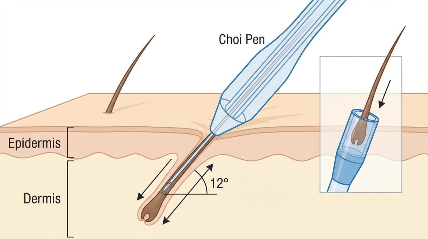 Technique Choi Pen au stylo Choi pour greffe de sourcils : implantation directe avec angle de 10-15° reproduisant la direction naturelle du poil sourcilier