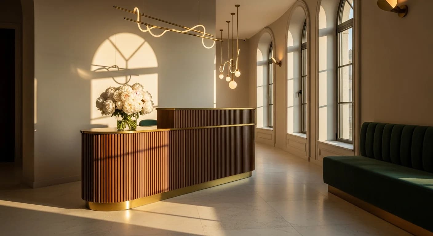 Hall d'accueil de Renaissance Clinique à Istanbul : marbre travertin ivoire, accents laiton, lumière chaude