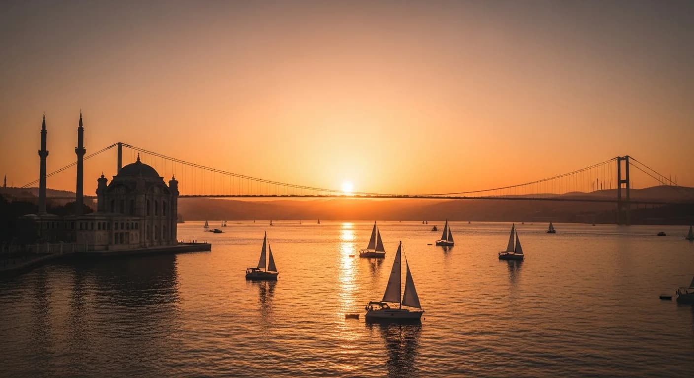 Vue éditoriale du Bosphore et de la mosquée Ortaköy au coucher du soleil — Istanbul