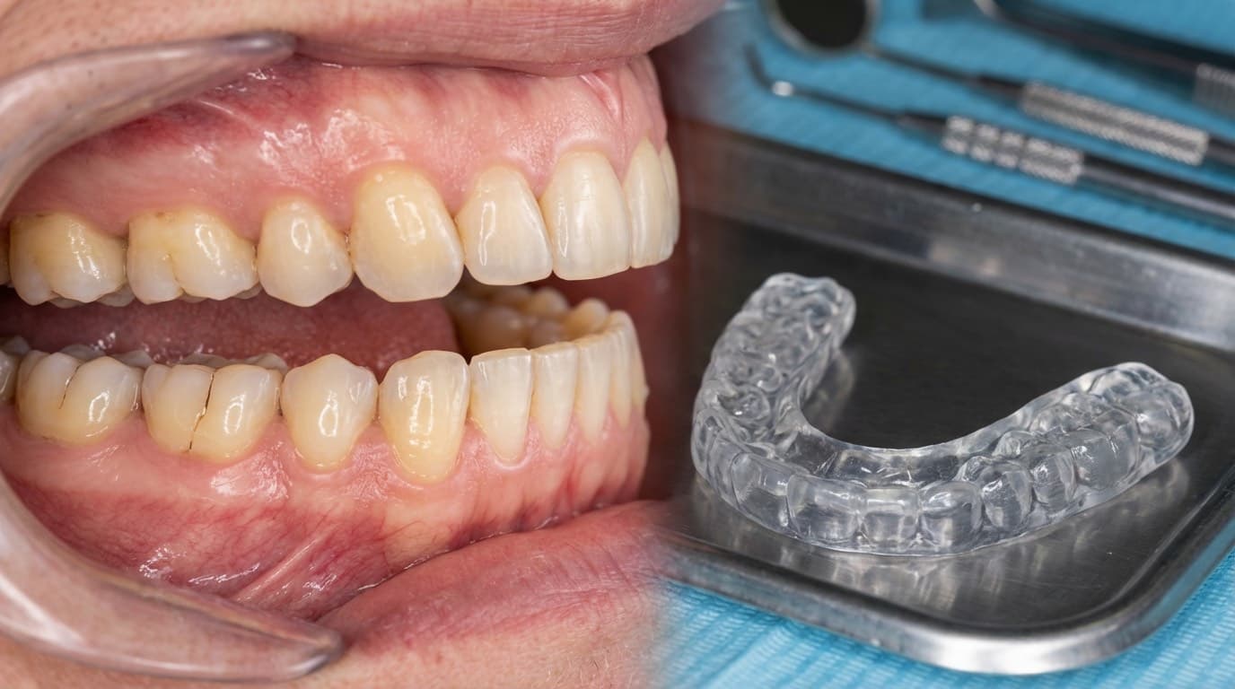 Bruxisme : grincement des dents montrant l'usure de l'émail et une gouttière occlusale sur mesure