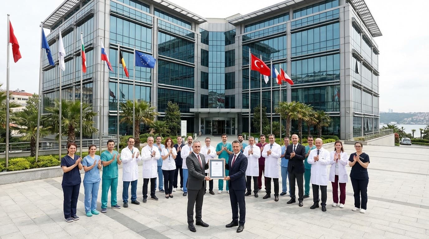 Certificat d'accréditation JCI affiché dans le hall d'une clinique dentaire moderne à Istanbul