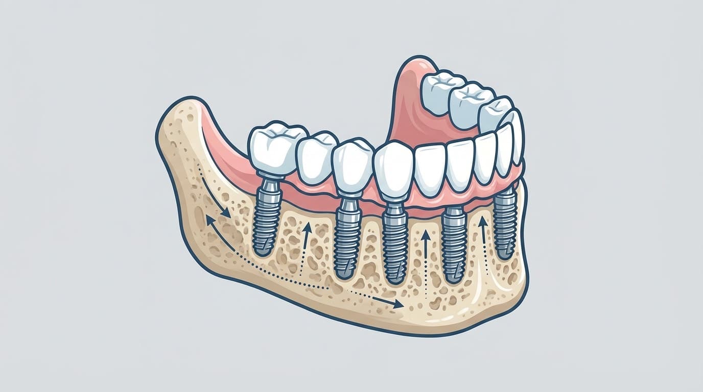 Schéma comparatif implant basal ancré dans l'os cortical vs implant conventionnel dans l'os spongieux
