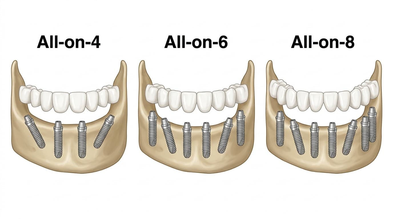 Diagramme médical comparant All-on-4, All-on-6 et All-on-8 : placement des implants dans la mâchoire, répartition des forces et prothèse fixe