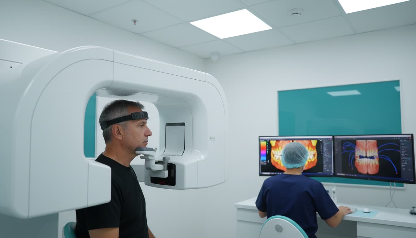 Scanner CBCT 3D d'une mâchoire complète avant pose d'implants dentaires à Istanbul — évaluation densité osseuse et planification chirurgicale numérique