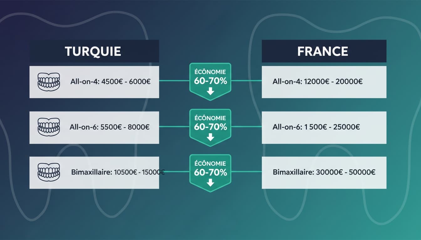 Comparaison des prix implant dentaire mâchoire complète Turquie vs France 2026 — infographie montrant All-on-4 à 4 500 € Istanbul vs 12 000 € France