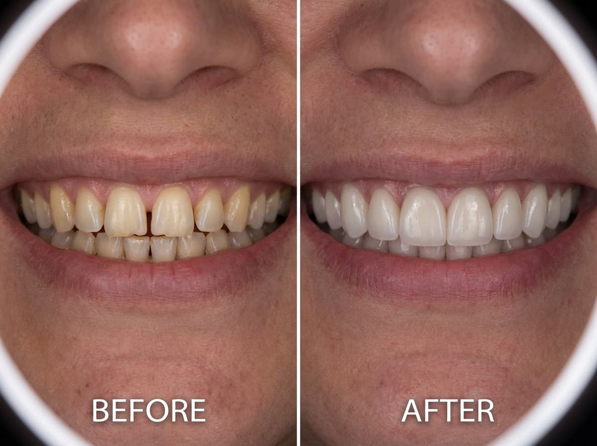 Résultat avant/après de facettes dentaires E-Max posées à Istanbul : transformation complète du sourire avec 16 facettes, teinte naturelle et alignement parfait