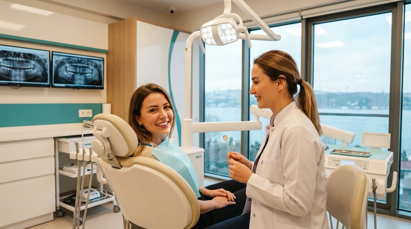 Clinique dentaire moderne à Istanbul avec fauteuil de soins, écran de scanner 3D et patiente souriante après pose de facettes E-Max — tourisme dentaire en Turquie