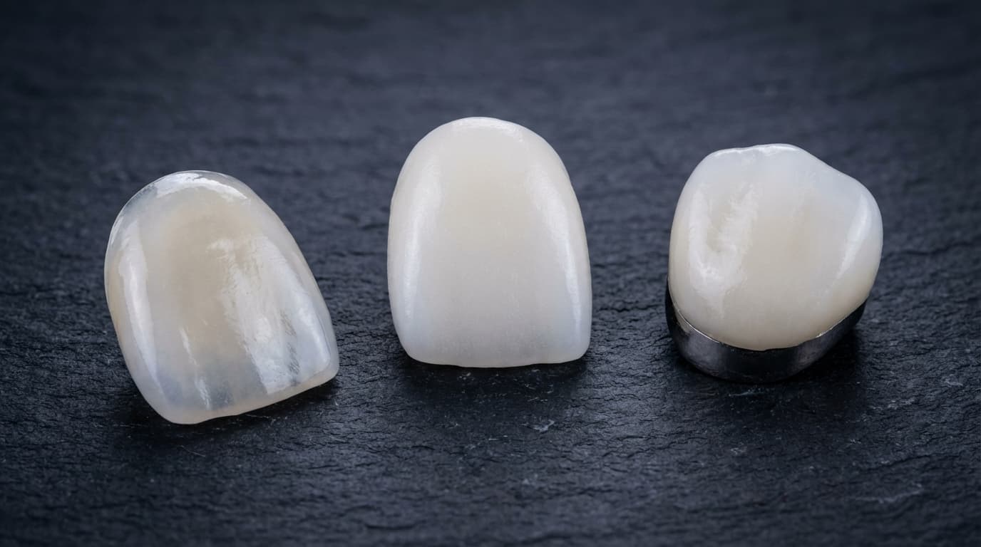 Matériaux dentaires utilisés à Istanbul : céramique E-Max Ivoclar Vivadent, zircone Prettau, implants titane Straumann — gros plan sur les facettes et couronnes