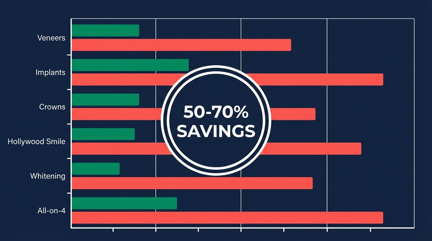 Tableau comparatif des prix des soins dentaires en 2026 : Turquie vs France, Belgique, Suisse, Canada — facettes, implants, Hollywood Smile, couronnes