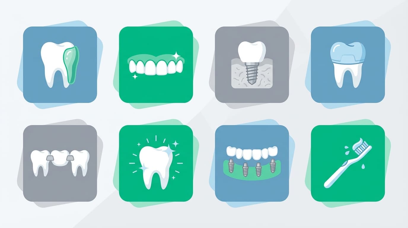 Infographie des types de soins dentaires disponibles en Turquie : facettes, Hollywood Smile, implants, couronnes, bridges, blanchiment, All-on-4, soins généraux
