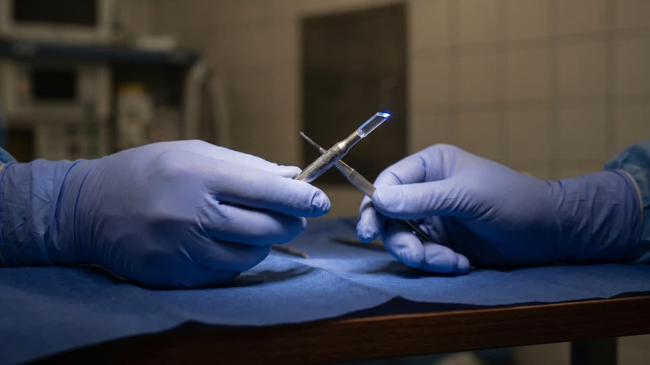 Outil chirurgical FUE Saphir Renaissance Clinique : lame en cristal de saphir sur drap stérile bleu