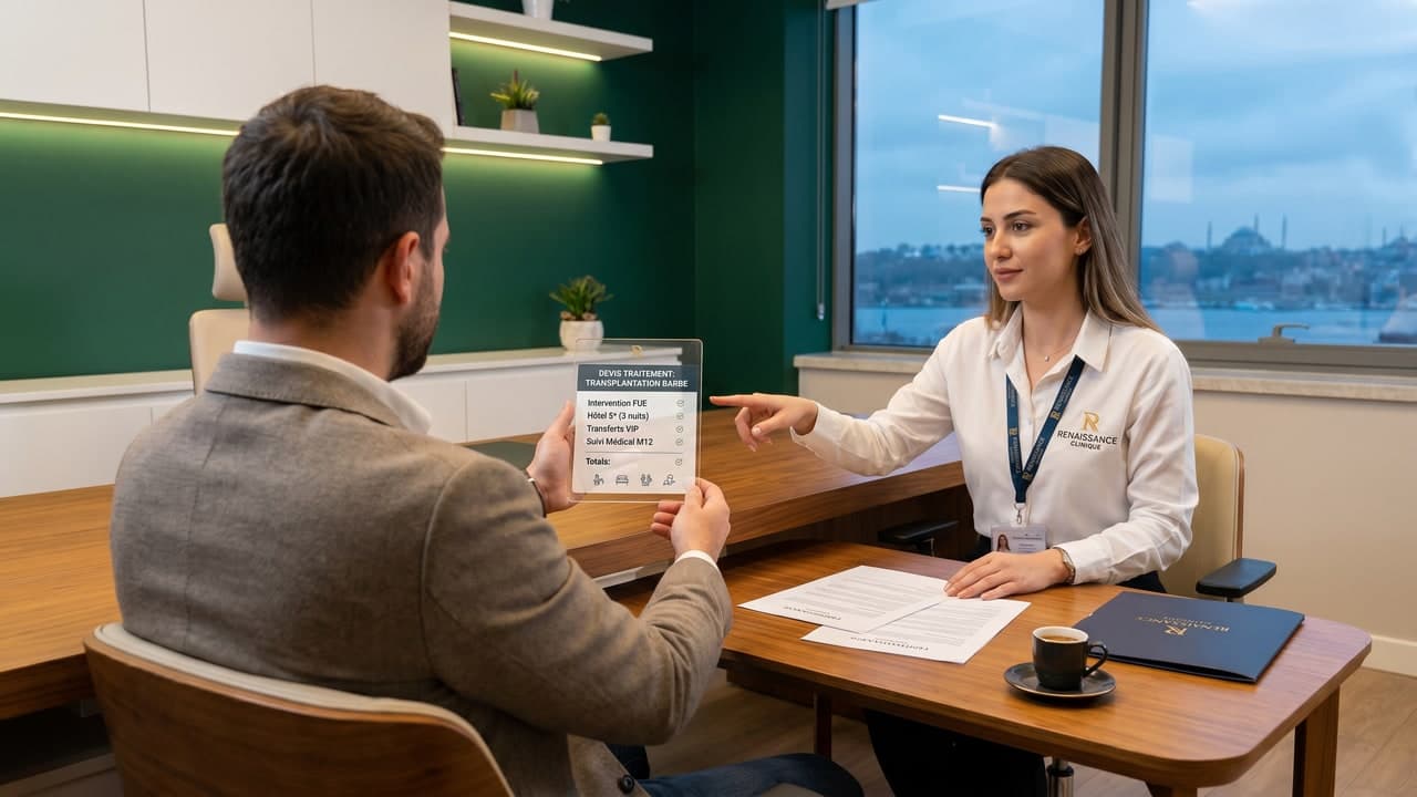 Consultation devis greffe de barbe Renaissance Clinique Istanbul — forfait all-inclusive transparent, équipe francophone