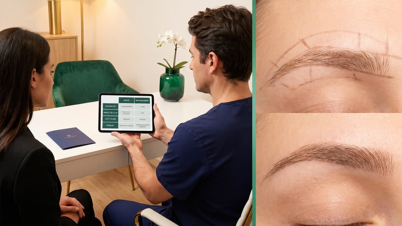 Consultation comparatif greffe sourcils vs microblading Renaissance Clinique — décision éclairée patiente
