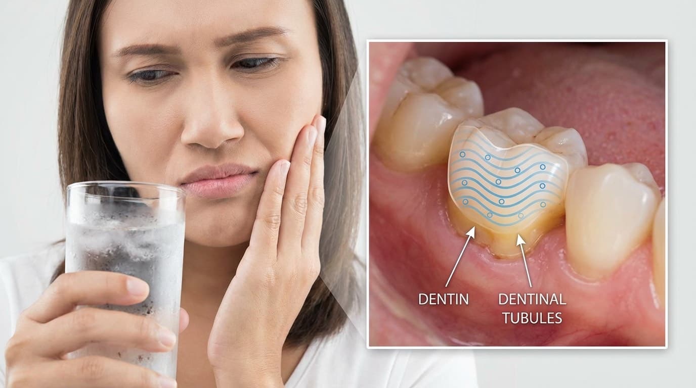 Sensibilité dentaire — Causes et traitements | Renaissance Clinique Sensibilité dentaire : schéma anatomique montrant l'émail érodé et les tubules dentinaires exposés au froid et au chaud