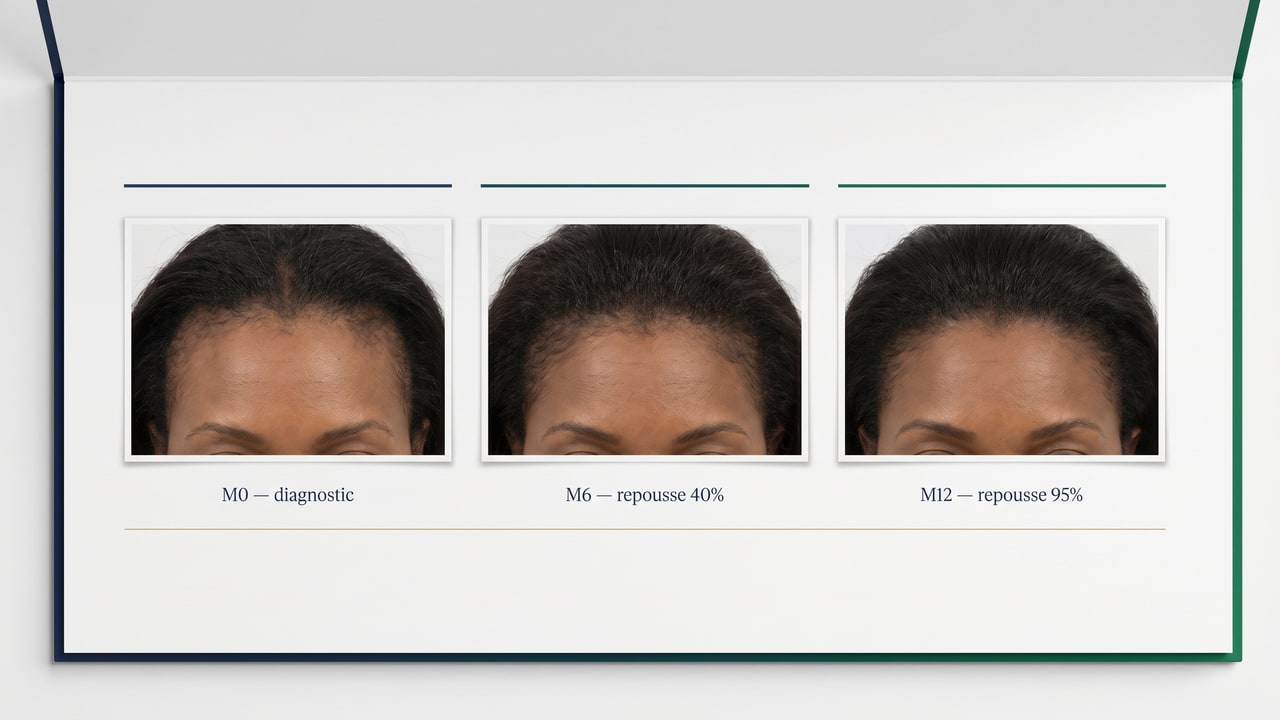Évolution clinique alopécie de traction sur 12 mois : M0 récession 2,5 cm, M6 repousse 40%, M12 repousse 95% sous protocole minoxidil 5% + arrêt traction