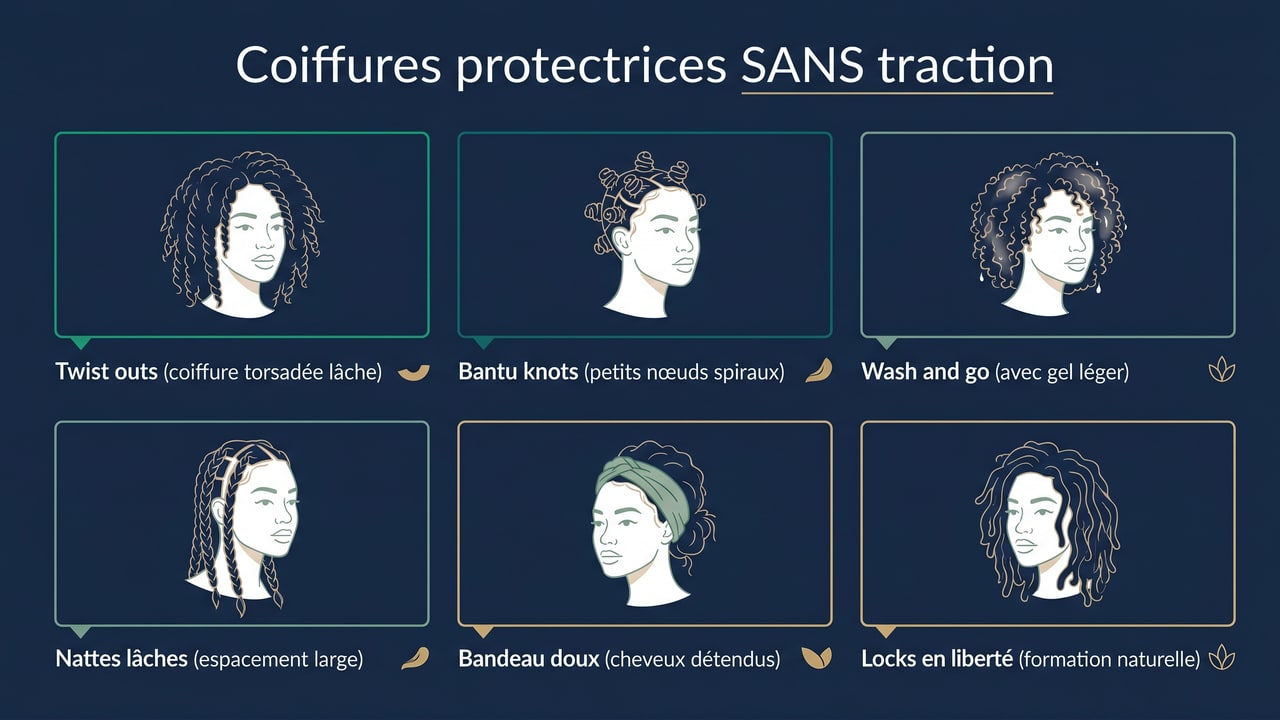 6 coiffures protectrices alternatives sans traction : twist outs, bantu knots, wash and go, tresses lâches, bandeau souple, locks freeform
