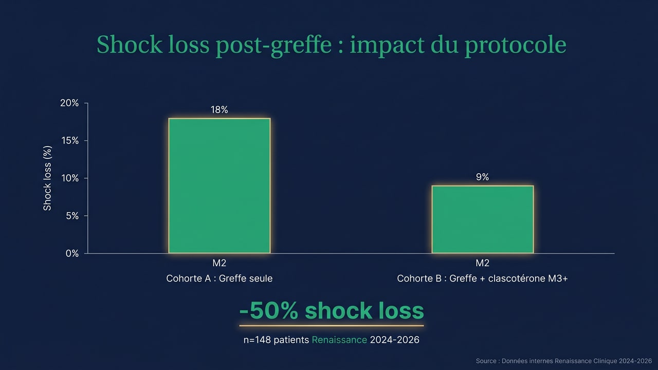 Réduction du shock loss post-greffe avec ajout précoce du clascotérone : -50% à M2 sur cohorte Renaissance 2024-2026