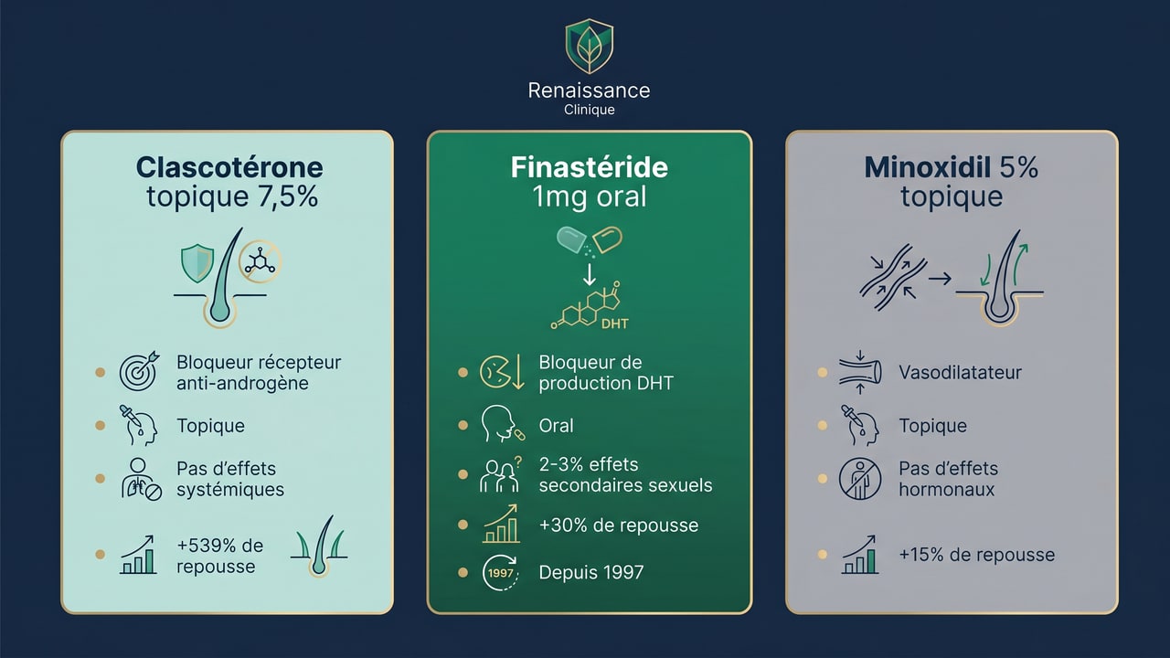 Comparaison infographique des trois traitements de l'alopécie androgénétique : clascotérone, finastéride et minoxidil