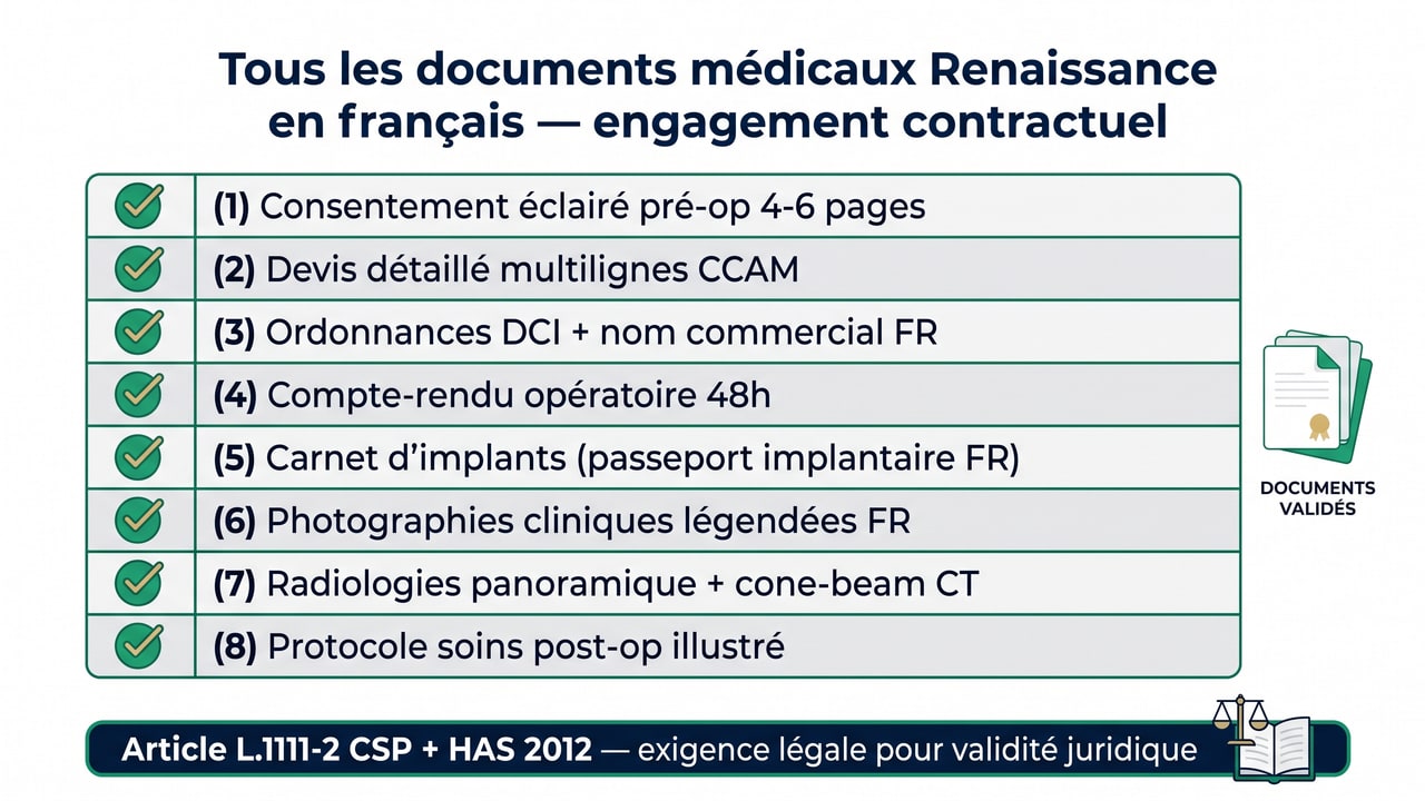 Checklist documents médicaux Renaissance en français — 8 documents obligatoires, conforme article L.1111-2 CSP et <a href=