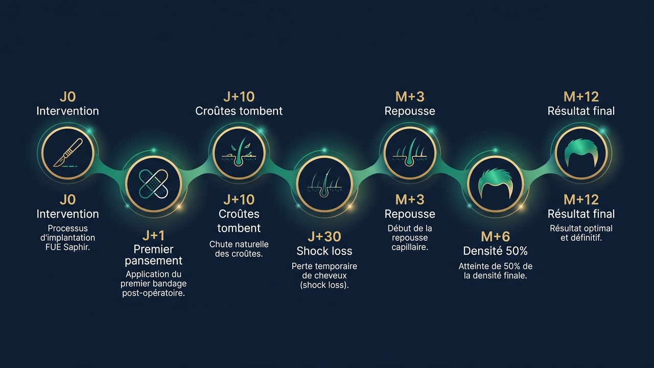 Timeline FUE Saphir protocole jour par jour : J0 intervention à M+12 résultat final