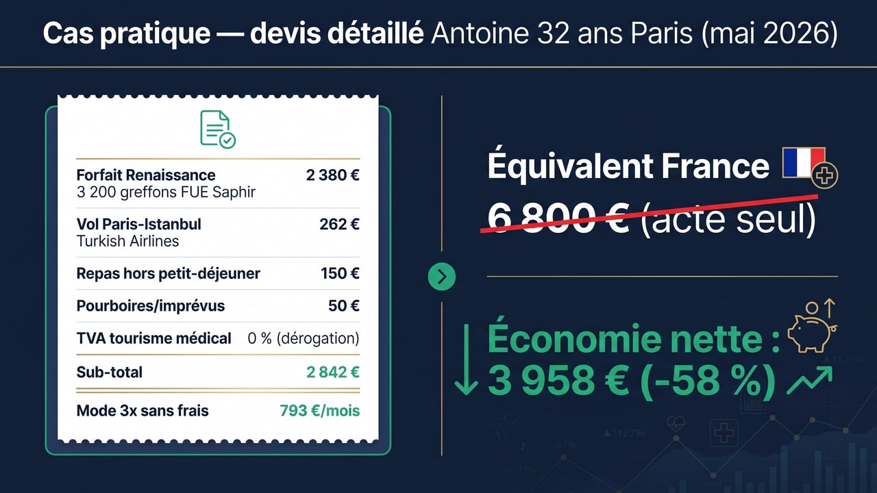 Cas pratique devis greffe de barbe Renaissance — Antoine 3 200 greffons, total 2 842 € all-inclusive, économie 3 958 € vs France