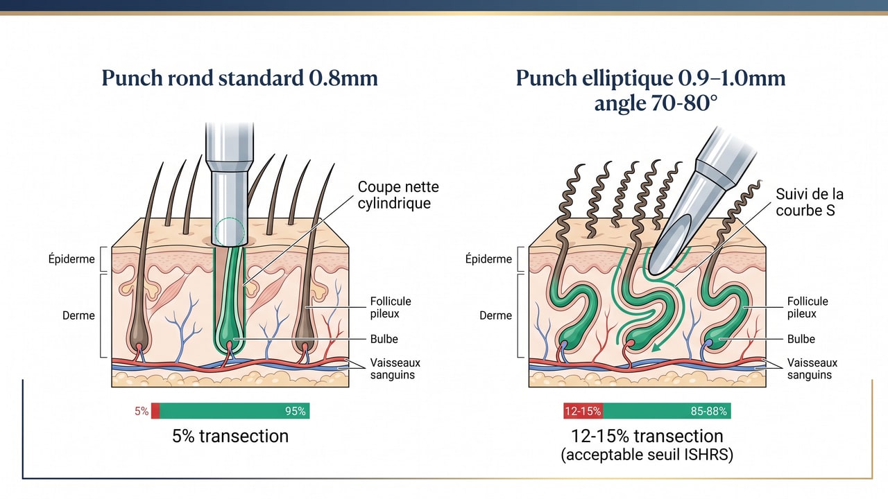 Comparaison des punchs FUE pour cheveux raides vs crépus : punch rond vs punch elliptique avec angulation adaptée à la courbure folliculaire