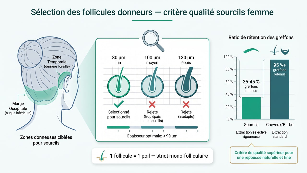 Sélection des poils donneurs greffe sourcils femme — zone occipitale/temporale, follicules fins ≤80 μm, mono-folliculaire strict