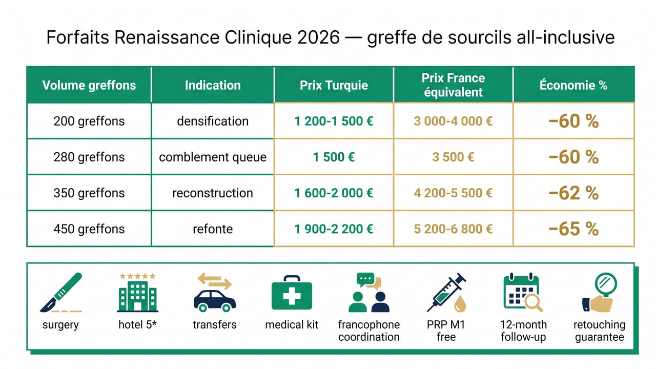 Grille tarifaire greffe sourcils Renaissance 2026 — 4 forfaits FUE Saphir 200-450 greffons all-inclusive, économies 60-65 %