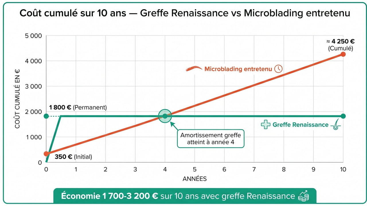 Comparaison coût greffe vs microblading sur 10 ans — amortissement greffe à 4 ans, économie 1 700-3 200 €
