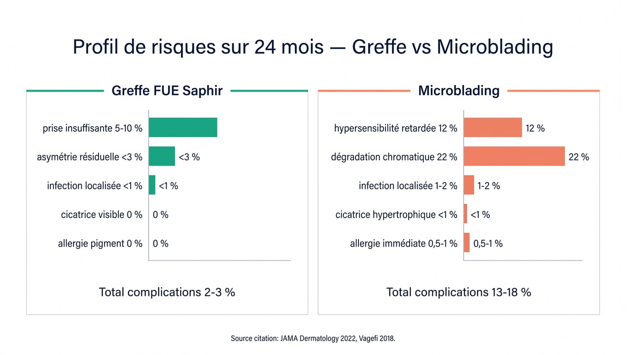 Profil de risques greffe sourcils vs microblading — taux complications 2-3 % vs 13-18 % sur 24 mois