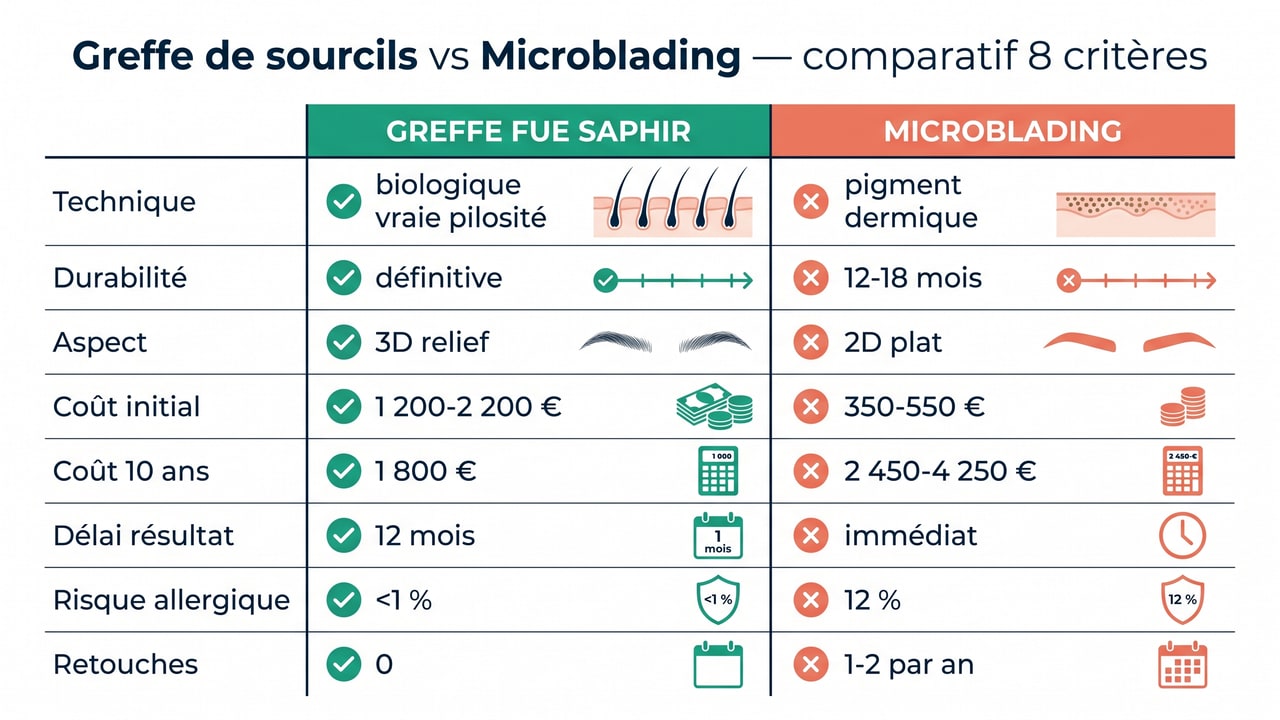 Tableau comparatif greffe sourcils vs microblading — 8 critères côte à côte (technique, durabilité, coût 10 ans, risques)