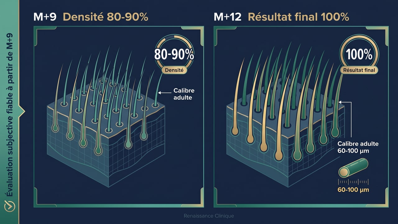 Résultat final greffe cheveux M+9 à M+12 : densité 90% puis 100% avec calibre adulte