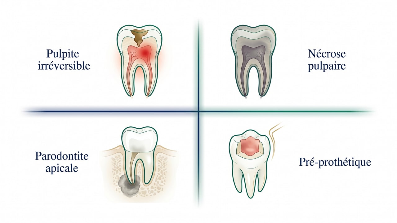 Quatre indications cliniques principales du traitement endodontique : pulpite, nécrose, parodontite apicale, pré-prothétique