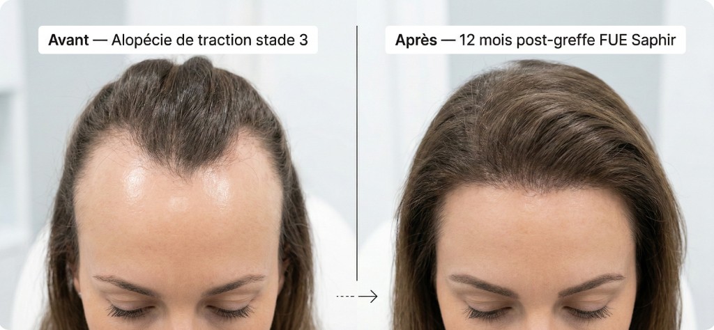 Résultat avant/après greffe FUE Saphir pour alopécie de traction stade 3 — 12 mois post-opératoire | Renaissance Clinique Comparaison avant/après d'une greffe FUE Saphir pour alopécie de traction stade 3 : à gauche, ligne frontale avec recul significatif et zones lisses sans follicules typiques du stade cicatriciel — à droite, résultat à 12 mois post-greffe avec ligne frontale restaurée, densité naturelle et intégration harmonieuse avec les cheveux existants