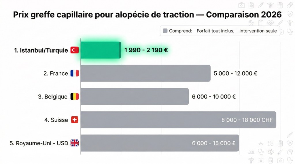 Prix greffe capillaire pour alopécie de traction — Comparaison 2026 Istanbul vs Europe | Renaissance Clinique Graphique à barres horizontales comparant les prix de greffe capillaire pour alopécie de traction en 2026 par pays : Istanbul/Turquie 1 990-2 190 € forfait tout inclus (barre verte), France 5 000-12 000 € intervention seule, Belgique 6 000-10 000 €, Suisse 8 000-18 000 CHF, Royaume-Uni 6 000-15 000 £