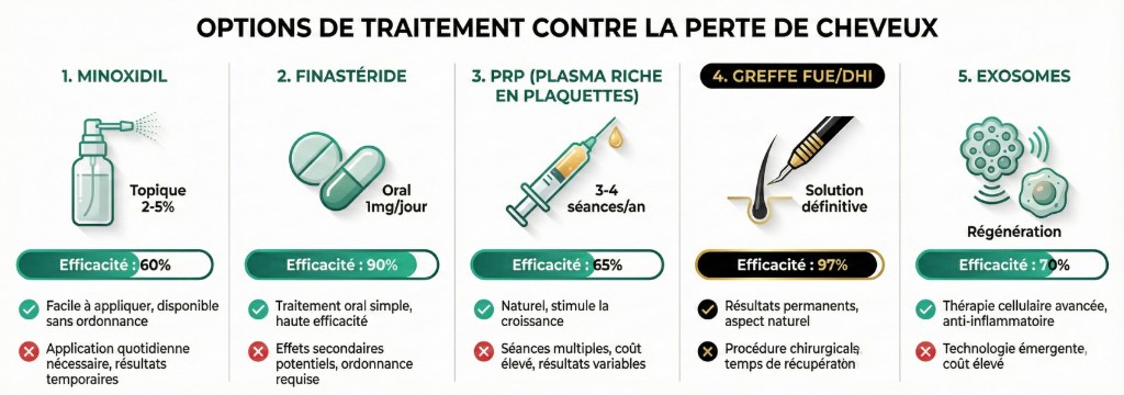 Options de traitement contre la perte de cheveux : minoxidil, finastéride, PRP, greffe FUE/Choi Pen et exosomes — Comparatif efficacité | Renaissance Clinique Comparatif des 5 options de traitement contre la perte de cheveux : 1. Minoxidil (topique 2-5%, efficacité 60%, facile à appliquer, application quotidienne nécessaire) — 2. Finastéride (oral 1mg/jour, efficacité 90%, haute efficacité, effets secondaires potentiels) — 3. PRP plasma riche en plaquettes (3-4 séances/an, efficacité 65%, naturel et stimule la croissance, coût élevé et résultats variables) — 4. Greffe FUE/Choi Pen (solution définitive, efficacité 97%, résultats permanents et naturels, procédure chirurgicale) — 5. Exosomes (régénération cellulaire, efficacité 70%, thérapie avancée anti-inflammatoire, technologie émergente)