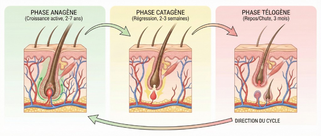 Cycle de croissance du cheveu : phases anagène, catagène et télogène — Perte de Cheveux | Renaissance Clinique Diagramme anatomique du cycle de croissance capillaire en 3 phases : phase anagène (croissance active, 2-7 ans) avec follicule pileux irrigué et matrice cellulaire active, phase catagène (régression, 2-3 semaines) avec rétraction du bulbe et réduction de l'apport sanguin, phase télogène (repos et chute, 3 mois) avec follicule dormant et cheveu-club prêt à tomber. Flèche indiquant la direction cyclique du renouvellement capillaire.